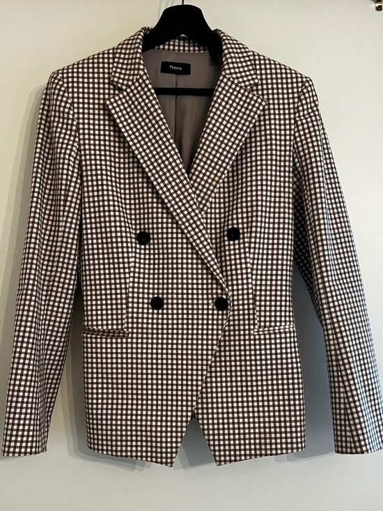 Theory Jackets & Blazers - Theory Double Breasted Blazer Size 6 Ivory Grid Check Stretch